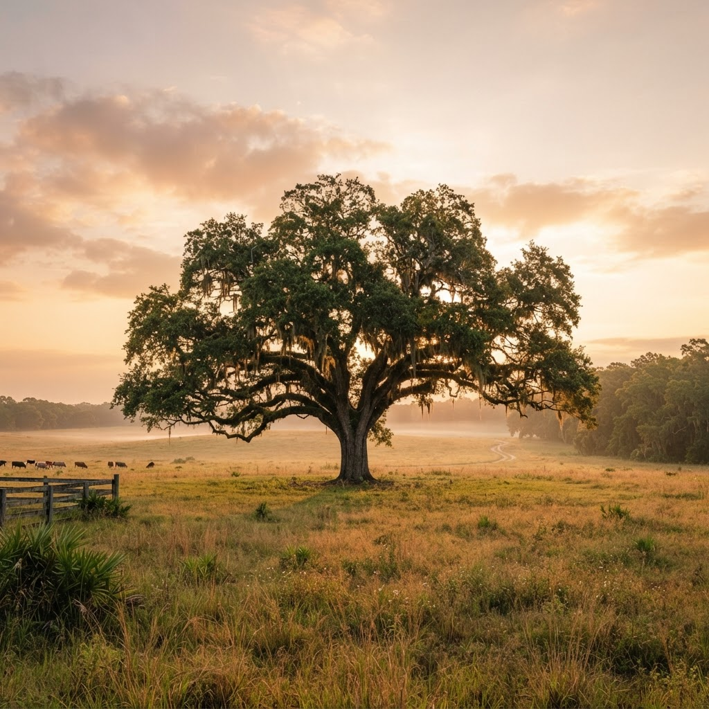 A mature oak tree in a sunlit Florida field